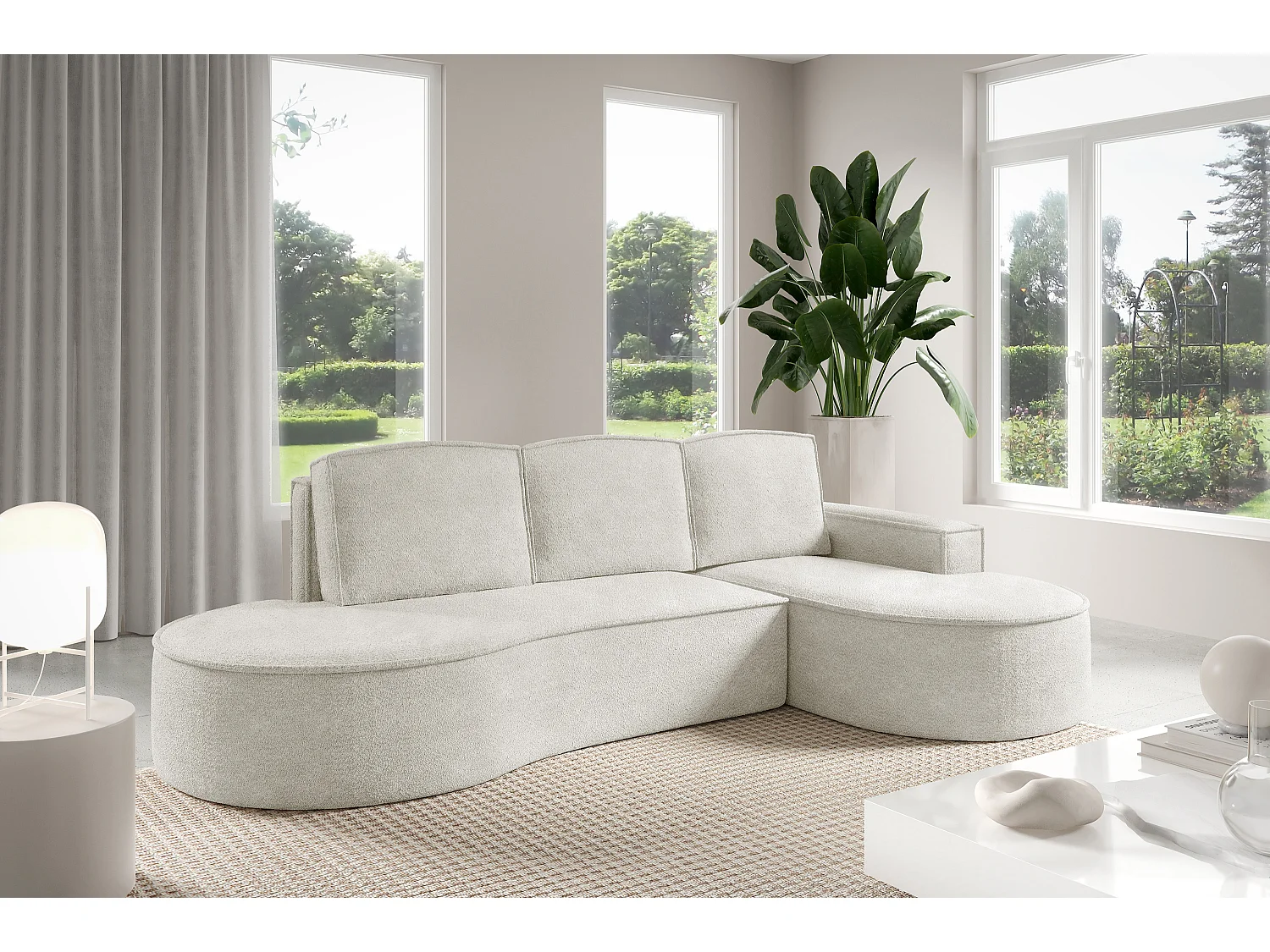 Hoekbank MOLLY met Slaapfunctie – Halfrond, Vrijstaand, Slaapoppervlak 140x207cm, 3 Grote Kussens, Curio Stof, 277x157x88cm, Rechts Wit