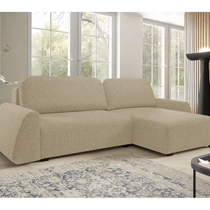 Hoekbank ALMI 160×275 cm, slaapfunctie, opbergruimte, golfveren, comfortabel zitvlak, elegant design, rechterzijde, cappuccino