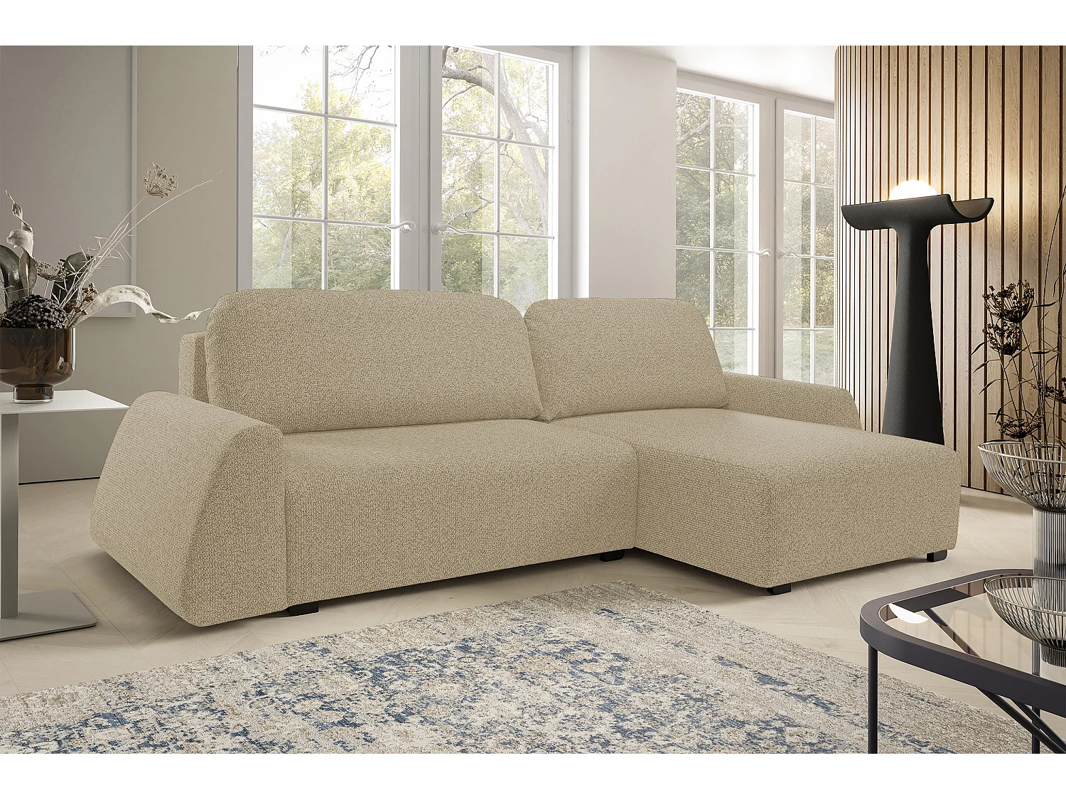 Hoekbank ALMI 160x275 cm, slaapfunctie, opbergruimte, golfveren, comfortabel zitvlak, elegant design, rechterzijde, cappuccino