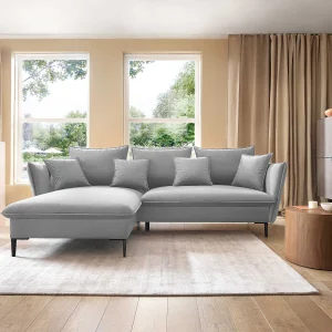 Hoekbank GLOSS met slaapfunctie, ottomane & gouden poten – fluwelen bank in GLOSSstijl met sierkussens, 258x167x91cm, Linkerkant GRIJS