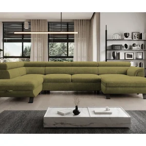 Hoekbank RAVEN XL met slaapfunctie, uittrekbed, verstelbare hoofdsteunen, opbergruimte, 334x198x162cm Links Mosterd Hoekbank RAVEN XL met slaapfunctie, uittrekbed, verstelbare hoofdsteunen, opbergruimte, 334x198x162cm Links Mosterd