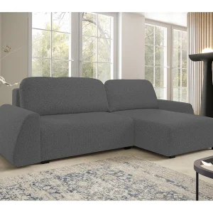 Hoekbank ALMI 160×275 cm, slaapfunctie, opbergruimte, golfveren, comfortabel zitvlak, elegant design, rechterzijde, grijs