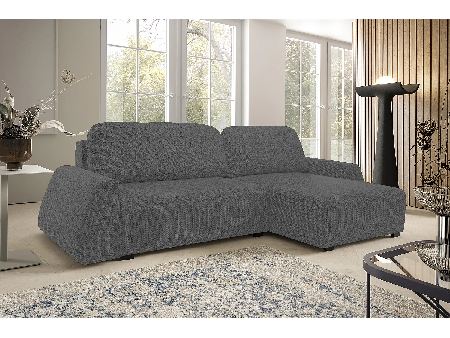 Hoekbank ALMI 160x275 cm, slaapfunctie, opbergruimte, golfveren, comfortabel zitvlak, elegant design, rechterzijde, grijs