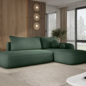 Hoekbank BABU met slaapfunctie – Moderne lounge voor woonkamer, functionele slaapbank in stof NOW OR NEVER, 300x105x60cm, rechterzijde, GROEN Hoekbank BABU met slaapfunctie – Moderne lounge voor woonkamer, functionele slaapbank in stof NOW OR NEVER, 300x105x60cm, rechterzijde, GROEN