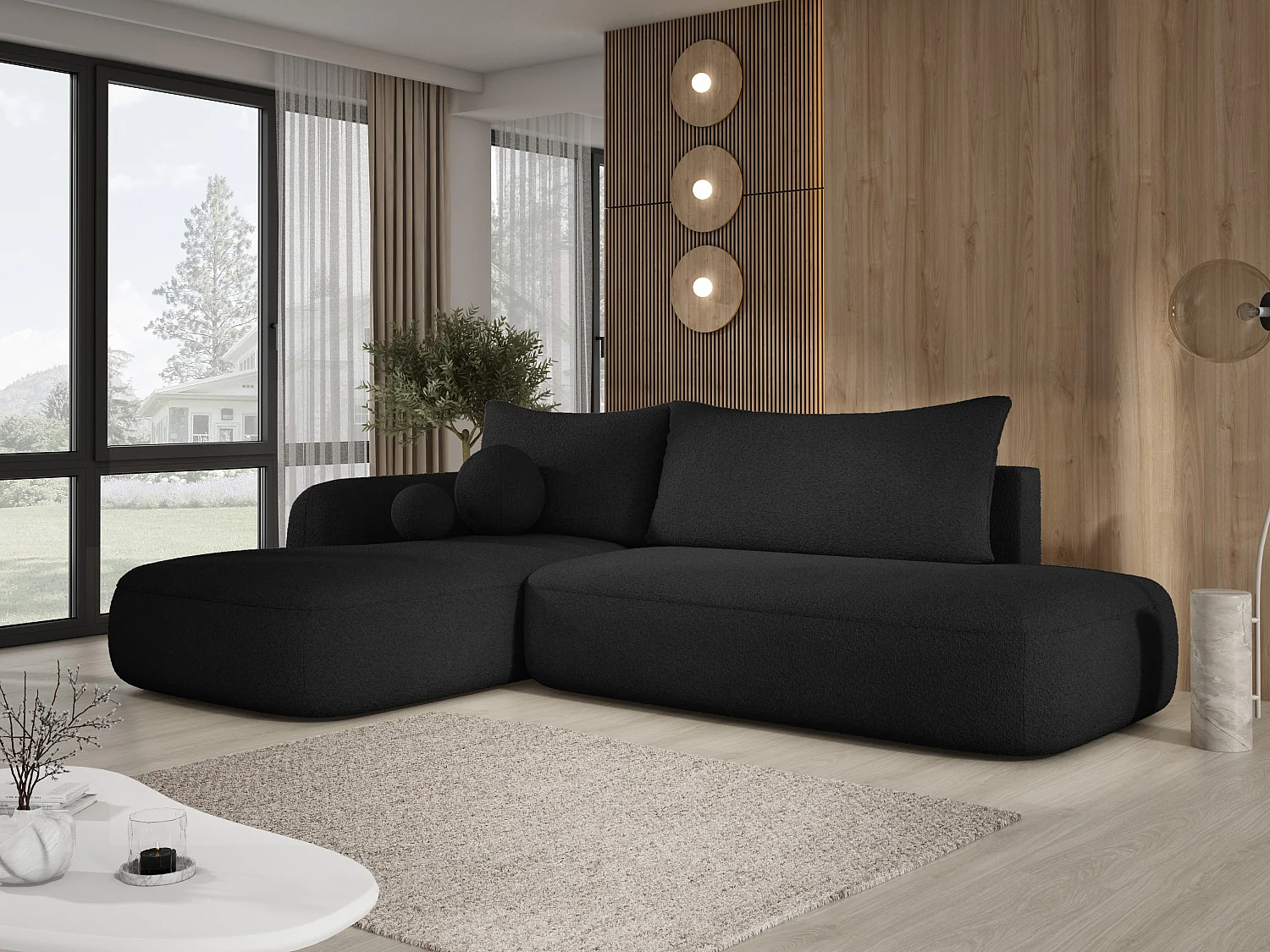 Hoekbank BABU met slaapfunctie – Moderne lounge voor woonkamer, functionele slaapbank in stof NOW OR NEVER, 300x105x60cm, linkerzijde, BEIGE