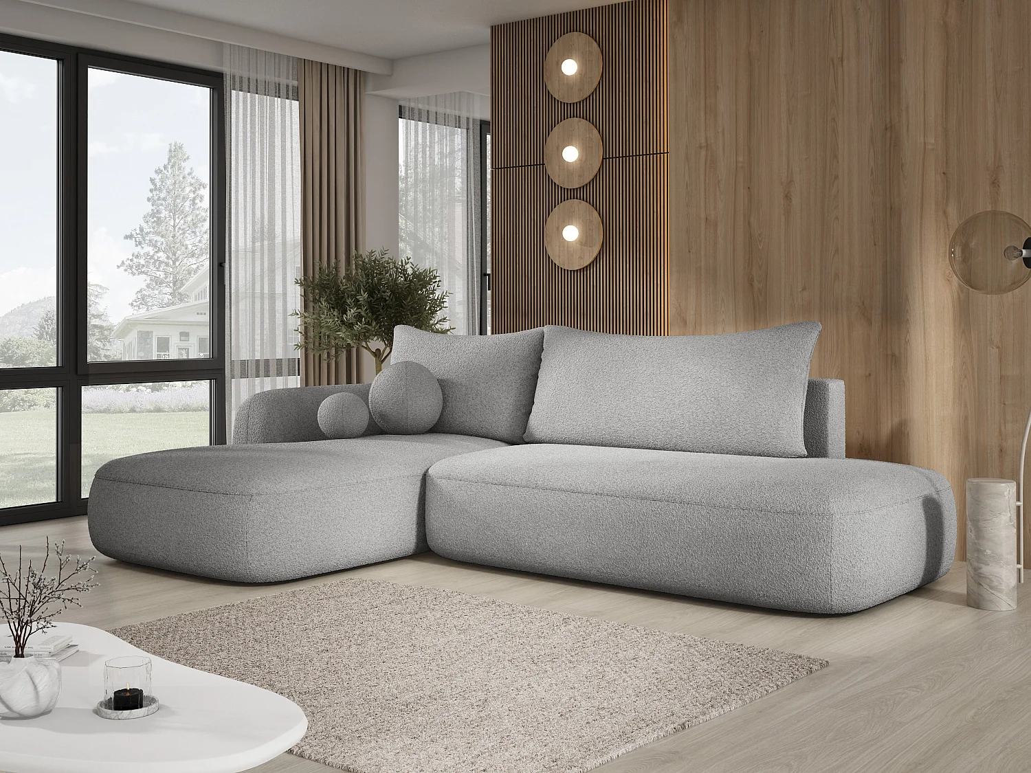 Hoekbank BABU met slaapfunctie – Moderne lounge voor woonkamer, functionele slaapbank in stof NOW OR NEVER, 300x105x60cm, linkerzijde, GRAFIET