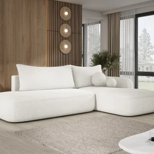 Hoekbank BABU met slaapfunctie – Moderne lounge voor woonkamer, functionele slaapbank in stof NOW OR NEVER, 300x105x60cm, rechterzijde, WIT Hoekbank BABU met slaapfunctie – Moderne lounge voor woonkamer, functionele slaapbank in stof NOW OR NEVER, 300x105x60cm, rechterzijde, WIT