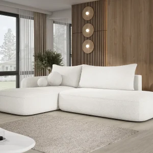 Hoekbank BABU met slaapfunctie – Moderne lounge voor woonkamer, functionele slaapbank in stof NOW OR NEVER, 300x105x60cm, linkerzijde, WIT Hoekbank BABU met slaapfunctie – Moderne lounge voor woonkamer, functionele slaapbank in stof NOW OR NEVER, 300x105x60cm, linkerzijde, WIT