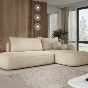 Hoekbank BABU met slaapfunctie – Moderne lounge voor woonkamer, functionele slaapbank in stof NOW OR NEVER, 300x105x60cm, rechterzijde, BEIGE Hoekbank BABU met slaapfunctie – Moderne lounge voor woonkamer, functionele slaapbank in stof NOW OR NEVER, 300x105x60cm, rechterzijde, BEIGE