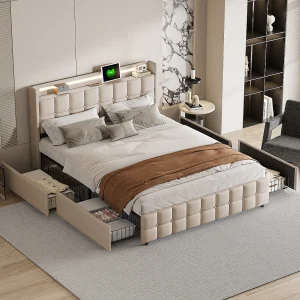 Gestoffeerd bedframe 140*200 cm, 4 lades met USB-oplaadmogelijkheid, nachtkastje met LED-verlichting, linnen, beige Gestoffeerd bedframe 140*200 cm, 4 lades met USB-oplaadmogelijkheid, nachtkastje met LED-verlichting, linnen, beige