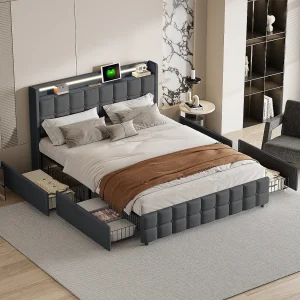 Gestoffeerd bedframe 160*200 cm, 4 lades met USB-oplaadmogelijkheid, nachtkastje met LED-verlichting, linnen, grijs Gestoffeerd bedframe 160*200 cm, 4 lades met USB-oplaadmogelijkheid, nachtkastje met LED-verlichting, linnen, grijs