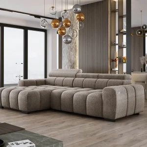 Hoekbank OMBO 285x168x77/97 cm, Linkerkant, Slaapfunctie, Elektrisch Uitschuifbaar Zitvlak, Verstelbare Hoofdsteunen, Cappuccino EDEN-stof