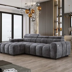 Hoekbank OMBO 285x168x77/97 cm, Linkerkant, Slaapfunctie, Elektrisch Uitschuifbaar Zitvlak, Verstelbare Hoofdsteunen, Grafiet EDEN-stof