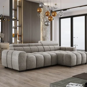 Hoekbank OMBO 285x168x77/97 cm, Rechterkant, Slaapfunctie, Elektrisch Uitschuifbaar Zitvlak, Verstelbare Hoofdsteunen, Grijze EDEN-stof