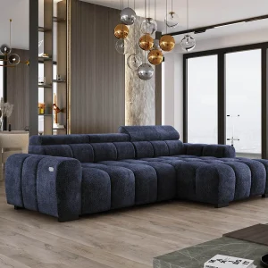 Hoekbank OMBO 285x168x77/97 cm, Rechterkant, Slaapfunctie, Elektrisch Uitschuifbaar Zitvlak, Verstelbare Hoofdsteunen, Donkerblauwe EDEN-stof Hoekbank OMBO 285x168x77/97 cm, Rechterkant, Slaapfunctie, Elektrisch Uitschuifbaar Zitvlak, Verstelbare Hoofdsteunen, Donkerblauwe EDEN-stof