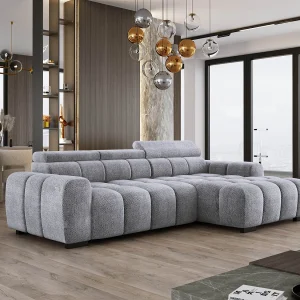 Hoekbank OMBO 285x168x77/97 cm, Rechterkant, Slaapfunctie, Elektrisch Uitschuifbaar Zitvlak, Verstelbare Hoofdsteunen, Zilveren EDEN-stof