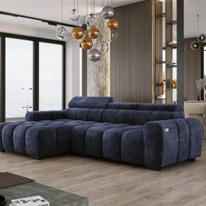 Hoekbank OMBO 285x168x77/97 cm, Linkerkant, Slaapfunctie, Elektrisch Uitschuifbaar Zitvlak, Verstelbare Hoofdsteunen, Donkerblauwe EDEN-stof