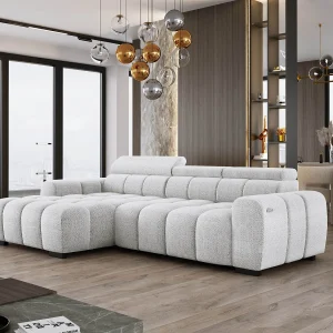 Hoekbank OMBO 285x168x77/97 cm, Linkerkant, Slaapfunctie, Elektrisch Uitschuifbaar Zitvlak, Verstelbare Hoofdsteunen, Essenhout EDEN-stof