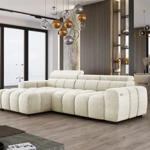 Hoekbank OMBO 285x168x77/97 cm, Linkerkant, Slaapfunctie, Elektrisch Uitschuifbaar Zitvlak, Verstelbare Hoofdsteunen, Witte EDEN-stof Hoekbank OMBO 285x168x77/97 cm, Linkerkant, Slaapfunctie, Elektrisch Uitschuifbaar Zitvlak, Verstelbare Hoofdsteunen, Witte EDEN-stof