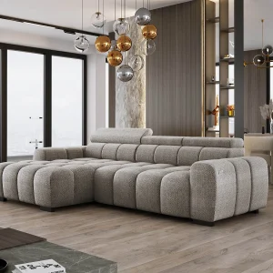 Hoekbank OMBO 285x168x77/97 cm, Linkerkant, Slaapfunctie, Elektrisch Uitschuifbaar Zitvlak, Verstelbare Hoofdsteunen, Grijze EDEN-stof