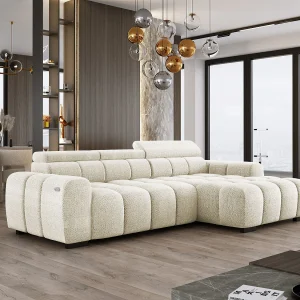 Hoekbank OMBO 285x168x77/97 cm, Rechterkant, Slaapfunctie, Elektrisch Uitschuifbaar Zitvlak, Verstelbare Hoofdsteunen, Witte EDEN-stof