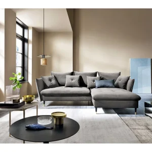 Hoekbank GLAM met slaapfunctie, ottomane & gouden poten – fluwelen bank in glamstijl met sierkussens, 258x167x91cm, Rechterkant GRIJS Hoekbank GLAM met slaapfunctie, ottomane & gouden poten – fluwelen bank in glamstijl met sierkussens, 258x167x91cm, Rechterkant GRIJS