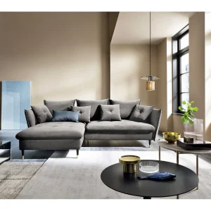 Hoekbank GLAM met slaapfunctie, ottomane & gouden poten – fluwelen bank in glamstijl met sierkussens, 258x167x91cm, Linkerkant GRIJS Hoekbank GLAM met slaapfunctie, ottomane & gouden poten – fluwelen bank in glamstijl met sierkussens, 258x167x91cm, Linkerkant GRIJS