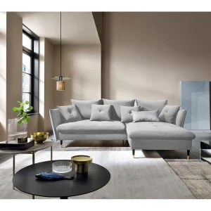 Hoekbank GLAM met slaapfunctie, ottomane & gouden poten – fluwelen bank in glamstijl met sierkussens, 258x167x91cm, Rechterkant LICHTGRIJS