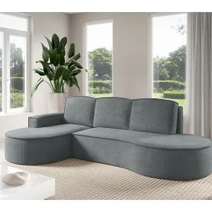 Hoekbank MOLLY met Slaapfunctie – Halfrond, Vrijstaand, Slaapoppervlak 140x207cm, 3 Grote Kussens, Abriamo Stof, 277x157x88cm, Links Grijs