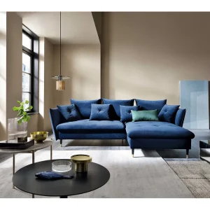 Hoekbank GLAM met slaapfunctie, ottomane & gouden poten – fluwelen bank in glamstijl met sierkussens, 258x167x91cm, Rechterkant BLAUW Hoekbank GLAM met slaapfunctie, ottomane & gouden poten – fluwelen bank in glamstijl met sierkussens, 258x167x91cm, Rechterkant BLAUW
