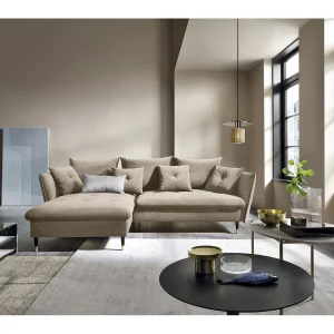 Hoekbank GLAM met slaapfunctie, ottomane & gouden poten – fluwelen bank in glamstijl met sierkussens, 258x167x91cm, Linkerkant BEIGE Hoekbank GLAM met slaapfunctie, ottomane & gouden poten – fluwelen bank in glamstijl met sierkussens, 258x167x91cm, Linkerkant BEIGE