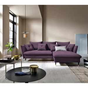 Hoekbank GLAM met slaapfunctie, ottomane & gouden poten – fluwelen bank in glamstijl met sierkussens, 258x167x91cm, Rechterkant PAARS
