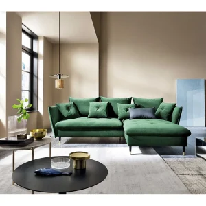 Hoekbank GLAM met slaapfunctie, ottomane & gouden poten – fluwelen bank in glamstijl met sierkussens, 258x167x91cm, Rechterkant GROEN