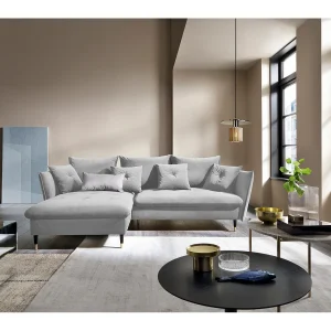 Hoekbank GLAM met slaapfunctie, ottomane & gouden poten – fluwelen bank in glamstijl met sierkussens, 258x167x91cm, Linkerkant LICHTGRIJS Hoekbank GLAM met slaapfunctie, ottomane & gouden poten – fluwelen bank in glamstijl met sierkussens, 258x167x91cm, Linkerkant LICHTGRIJS