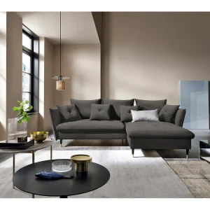 Hoekbank GLAM met slaapfunctie, ottomane & gouden poten – fluwelen bank in glamstijl met sierkussens, 258x167x91cm, Rechterkant DONKERGRIJS Hoekbank GLAM met slaapfunctie, ottomane & gouden poten – fluwelen bank in glamstijl met sierkussens, 258x167x91cm, Rechterkant DONKERGRIJS
