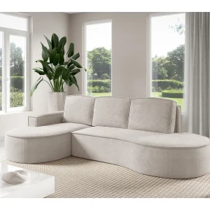 Hoekbank MOLLY met Slaapfunctie – Halfrond, Vrijstaand, Slaapoppervlak 140x207cm, 3 Grote Kussens, Abriamo Stof, 277x157x88cm, Links Wit