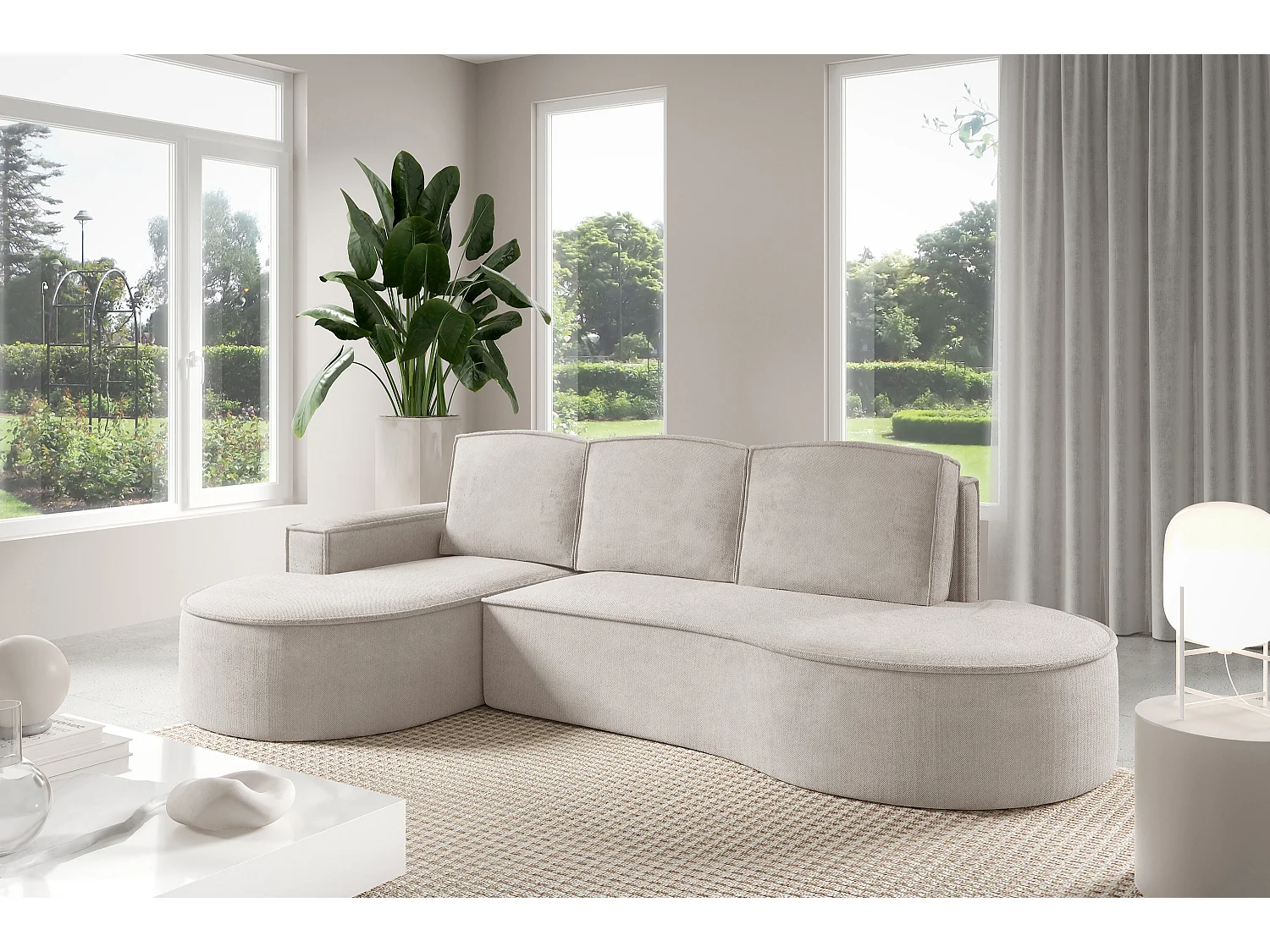 Hoekbank MOLLY met Slaapfunctie – Halfrond, Vrijstaand, Slaapoppervlak 140x207cm, 3 Grote Kussens, Abriamo Stof, 277x157x88cm, Links Wit