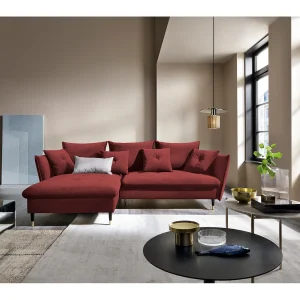 Hoekbank GLAM met slaapfunctie, ottomane & gouden poten – fluwelen bank in glamstijl met sierkussens, 258x167x91cm, Linkerkant BURGUNDY Hoekbank GLAM met slaapfunctie, ottomane & gouden poten – fluwelen bank in glamstijl met sierkussens, 258x167x91cm, Linkerkant BURGUNDY