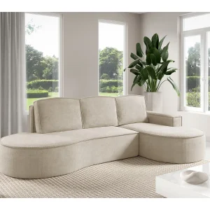 Hoekbank MOLLY met Slaapfunctie – Halfrond, Vrijstaand, Slaapoppervlak 140x207cm, 3 Grote Kussens, Curio Stof, 277x157x88cm, Rechts Beige