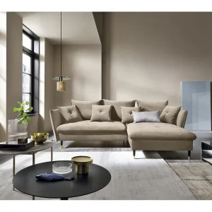 Hoekbank GLAM met slaapfunctie, ottomane & gouden poten – fluwelen bank in glamstijl met sierkussens, 258x167x91cm, Rechterkant BEIGE Hoekbank GLAM met slaapfunctie, ottomane & gouden poten – fluwelen bank in glamstijl met sierkussens, 258x167x91cm, Rechterkant BEIGE