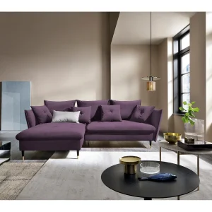 Hoekbank GLAM met slaapfunctie, ottomane & gouden poten – fluwelen bank in glamstijl met sierkussens, 258x167x91cm, Linkerkant PAARS Hoekbank GLAM met slaapfunctie, ottomane & gouden poten – fluwelen bank in glamstijl met sierkussens, 258x167x91cm, Linkerkant PAARS