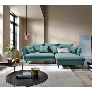 Hoekbank GLAM met slaapfunctie, ottomane & gouden poten – fluwelen bank in glamstijl met sierkussens, 258x167x91cm, Rechterkant MUNT