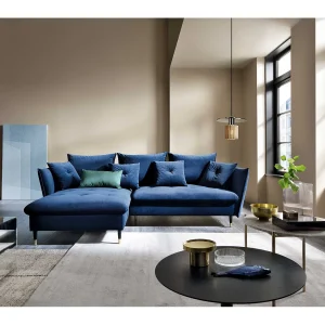Hoekbank GLAM met slaapfunctie, ottomane & gouden poten – fluwelen bank in glamstijl met sierkussens, 258x167x91cm, Linkerkant BLAUW Hoekbank GLAM met slaapfunctie, ottomane & gouden poten – fluwelen bank in glamstijl met sierkussens, 258x167x91cm, Linkerkant BLAUW
