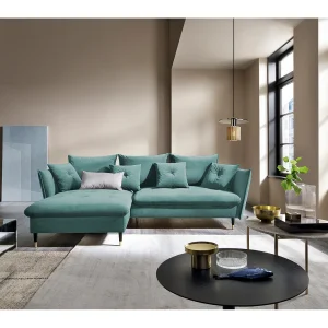 Hoekbank GLAM met slaapfunctie, ottomane & gouden poten – fluwelen bank in glamstijl met sierkussens, 258x167x91cm, Linkerkant MUNT Hoekbank GLAM met slaapfunctie, ottomane & gouden poten – fluwelen bank in glamstijl met sierkussens, 258x167x91cm, Linkerkant MUNT