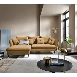 Hoekbank GLAM met slaapfunctie, ottomane & gouden poten – fluwelen bank in glamstijl met sierkussens, 258x167x91cm, Linkerkant PLATINA Hoekbank GLAM met slaapfunctie, ottomane & gouden poten – fluwelen bank in glamstijl met sierkussens, 258x167x91cm, Linkerkant PLATINA