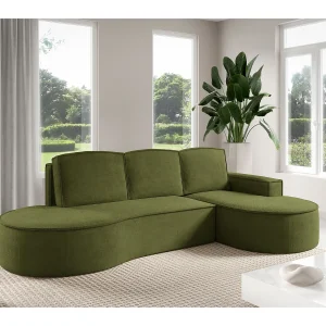 Hoekbank MOLLY met Slaapfunctie – Halfrond, Vrijstaand, Slaapoppervlak 140x207cm, 3 Grote Kussens, Curio Stof, 277x157x88cm, Rechts Groen