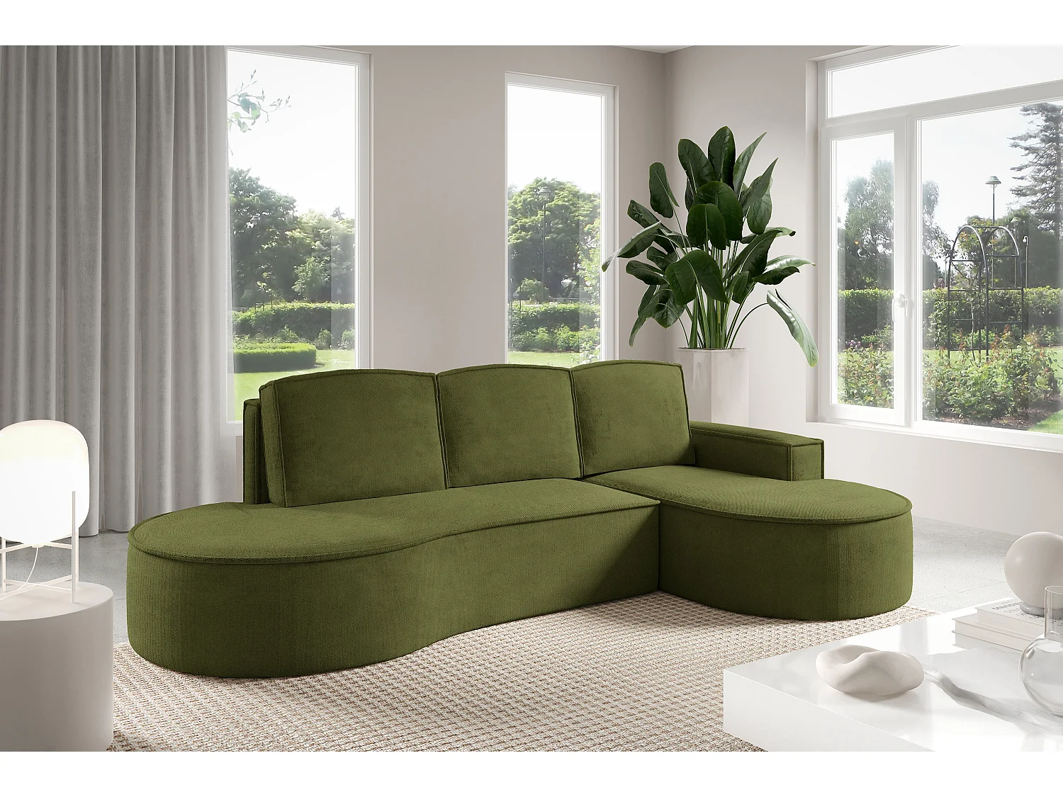 Hoekbank MOLLY met Slaapfunctie – Halfrond, Vrijstaand, Slaapoppervlak 140x207cm, 3 Grote Kussens, Curio Stof, 277x157x88cm, Rechts Groen