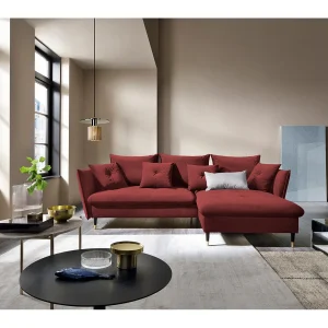 Hoekbank GLAM met slaapfunctie, ottomane & gouden poten – fluwelen bank in glamstijl met sierkussens, 258x167x91cm, Rechterkant BURGUNDY Hoekbank GLAM met slaapfunctie, ottomane & gouden poten – fluwelen bank in glamstijl met sierkussens, 258x167x91cm, Rechterkant BURGUNDY