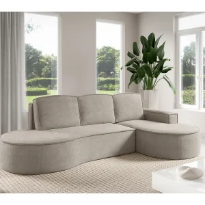 Hoekbank MOLLY met Slaapfunctie – Halfrond, Vrijstaand, Slaapoppervlak 140x207cm, 3 Grote Kussens, Curio Stof, 277x157x88cm, Rechts Essen