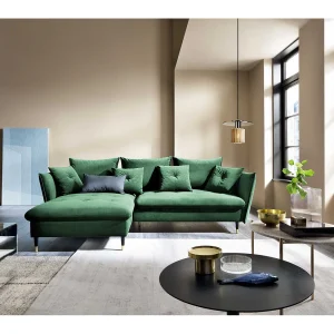 Hoekbank GLAM met slaapfunctie, ottomane & gouden poten – fluwelen bank in glamstijl met sierkussens, 258x167x91cm, Linkerkant GROEN Hoekbank GLAM met slaapfunctie, ottomane & gouden poten – fluwelen bank in glamstijl met sierkussens, 258x167x91cm, Linkerkant GROEN